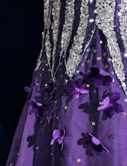 Glitter Prom Dresses Mermaid Spaghetti Strap Purple Chiffon With Flowers Long Formal Evening Dress N3893