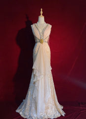 Vintage Prom Dresses 90s Mermaid V Neckline Champagne Lace Long Semi Formal Evening Outfits N3652