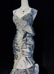 Vintage Prom Dresses Mermaid Straps Grey Satin Lace With Ruffles Long Evening Outfits N3442