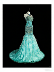 Vintage 1960s Mermaid Sweetheart Blue With Crystals Gems Sleeveless Long Prom Formal Dresses N1592