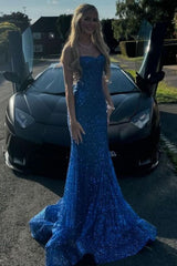 Shiny Royal Blue Mermaid Spaghetti Straps Long Beaded Prom Dress Party Gowns RB1671