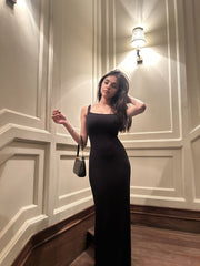 Elegant Black Sheath Spaghetti Straps Sleeveless Long Prom Dresses 18th Birthday Outfits AB2400