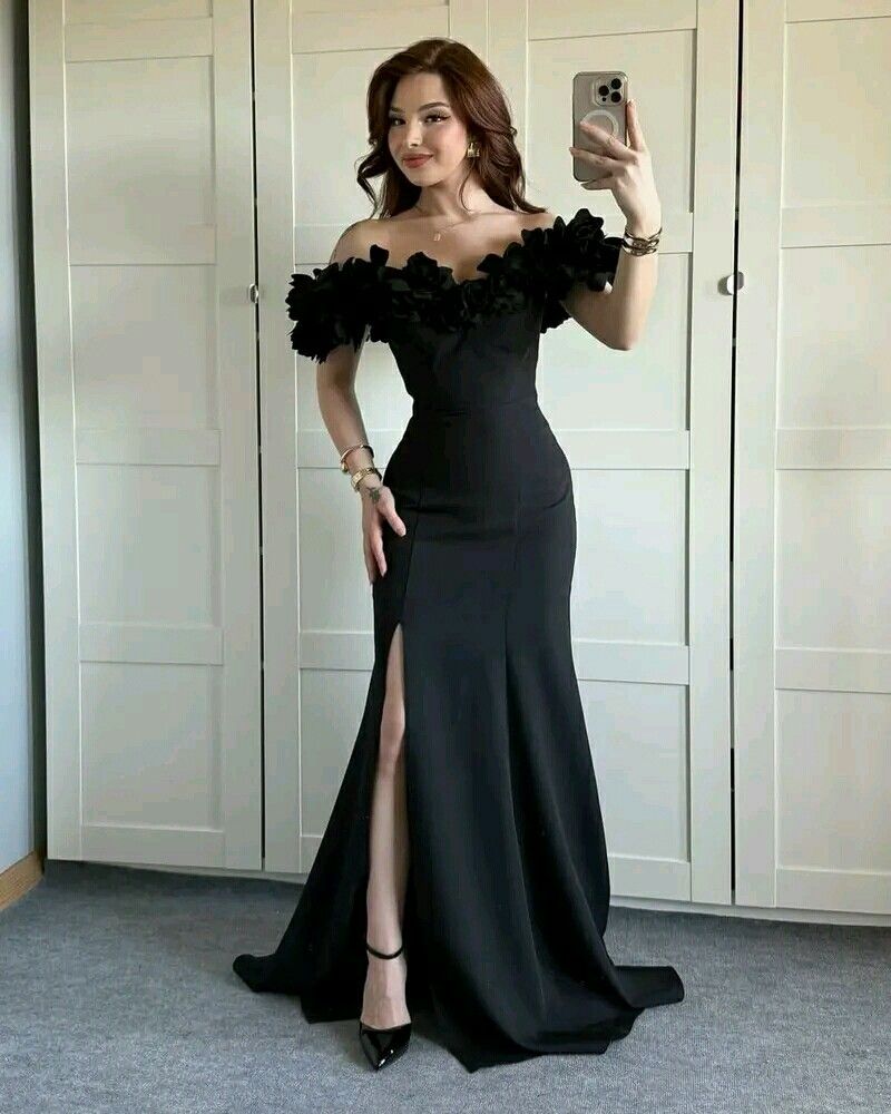 Simple Mermaid Off The Shoulder Black With Split Long Formal Fancy Prom Evening Dress Dinner Outfits Classy Party Gowns For Black Girls AB2090
