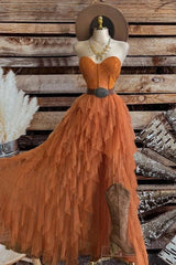 High Low Prom Dress Women Dusty Orange Tulle Long Formal Dance Evening Party Gowns AB1721
