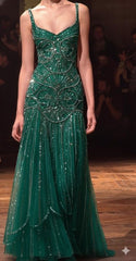 Gorgeous Mermaid Spaghetti Straps Dark Green Tulle Prom Dresses Long Sleeveless Graduation Dress N1642