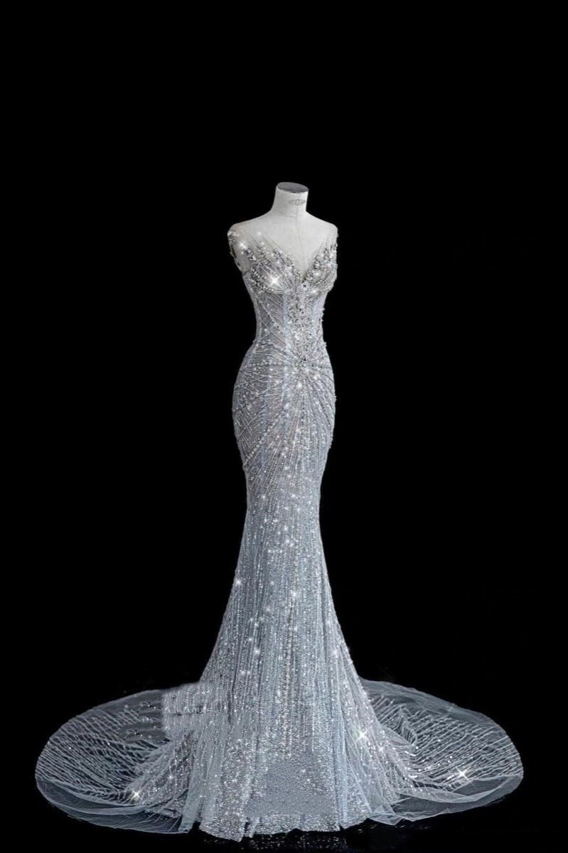 Classy Mermaid Sweetheart Silver Gray Sequins Prom Dresses Party Gowns Long Evening Dresses AB2168