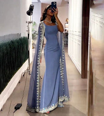 Vintage Dusty Blue Mermaid Evening Dress Applique Beaded Prom Dress Unique Cape Design Long Party Dress Birthday Outfits AB2313