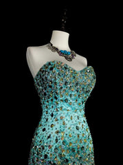 Vintage 1960s Mermaid Sweetheart Blue With Crystals Gems Sleeveless Long Prom Formal Dresses N1592
