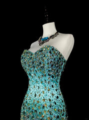 Vintage 1960s Mermaid Sweetheart Blue With Crystals Gems Sleeveless Long Prom Formal Dresses N1592