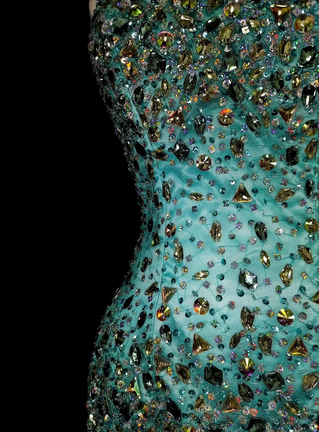 Vintage 1960s Mermaid Sweetheart Blue With Crystals Gems Sleeveless Long Prom Formal Dresses N1592