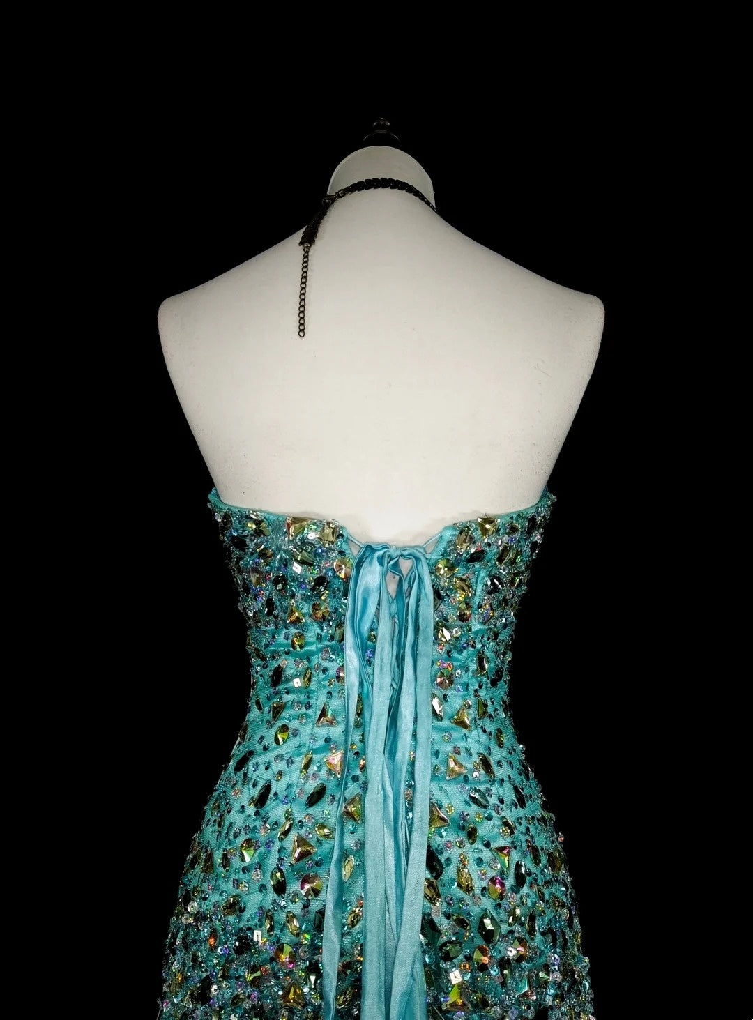 Vintage 1960s Mermaid Sweetheart Blue With Crystals Gems Sleeveless Long Prom Formal Dresses N1592