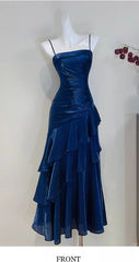 Mermaid Satin Royal Spaghetti Straps Blue Long Prom Dress Long Evening Gowns Formal Dress AB1825