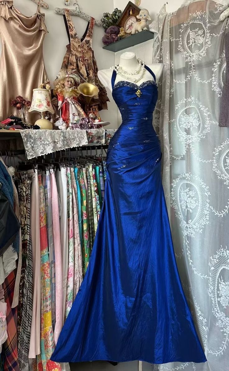 Royal Blue Mermaid Long Prom Dress Beaded Vintage Evening Dress AB1822