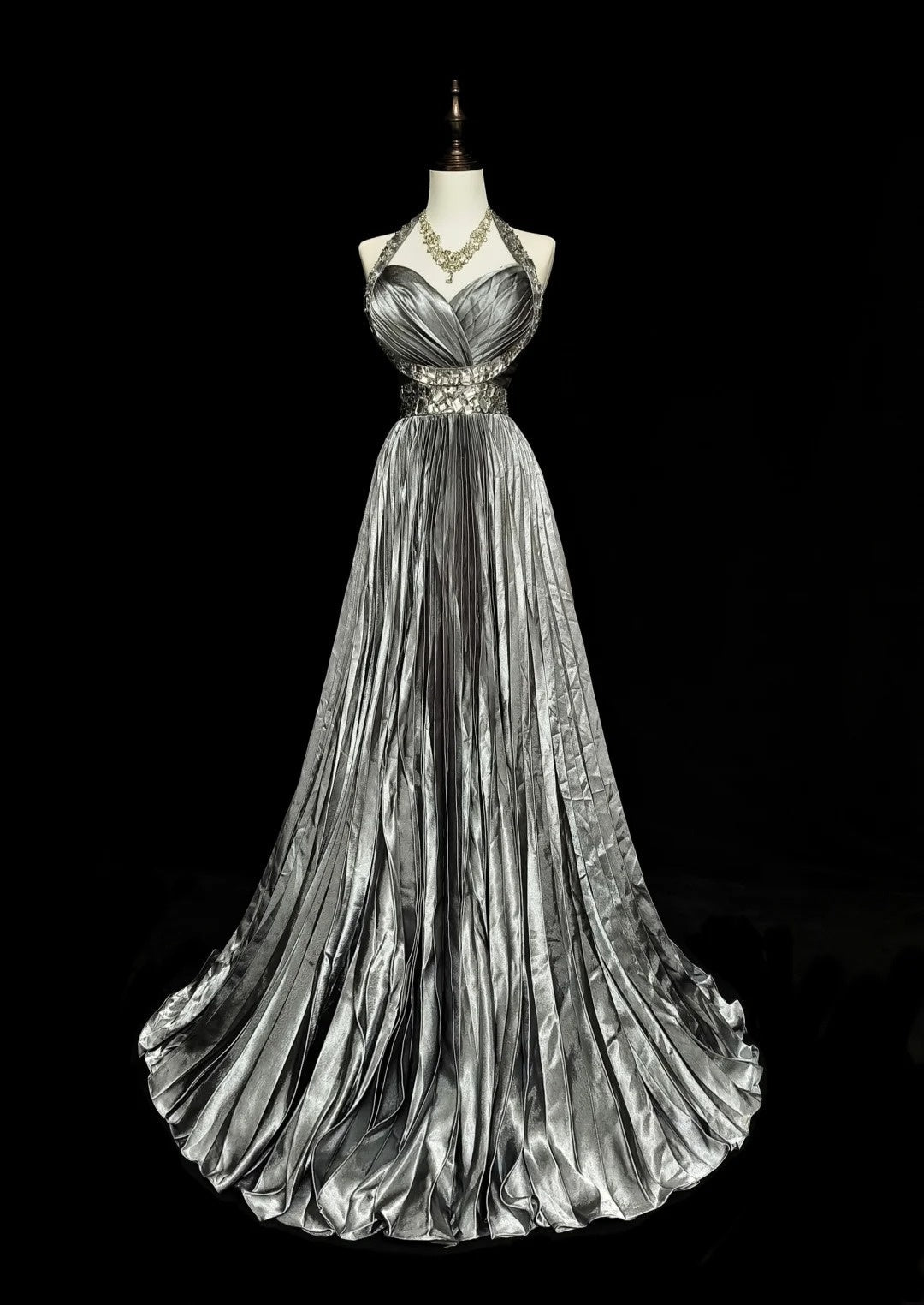 Vintage 1960s Halter Sleeveless Satin Pleated A Line Silver Grey Long Prom Dresses N1575