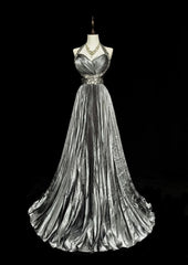 Vintage 1960s Halter Sleeveless Satin Pleated A Line Silver Grey Long Prom Dresses N1575