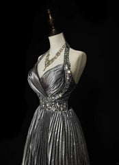 Vintage 1960s Halter Sleeveless Satin Pleated A Line Silver Grey Long Prom Dresses N1575