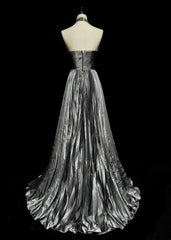 Vintage 1960s Halter Sleeveless Satin Pleated A Line Silver Grey Long Prom Dresses N1575