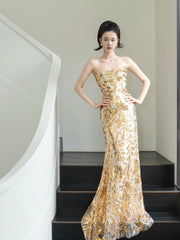 Glitter Mermaid Strapless Gold Sleeveless Prom Dresses Inspiration Long Night Outfits 18th Birthday Outfits AB2220