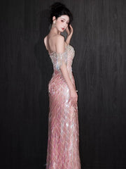 Glittery Mermaid Off The Shoulder Pink Sequins Short Sleeves Prom Dresses Inspiration Long Night Outfits Birthday Outfit AB2212