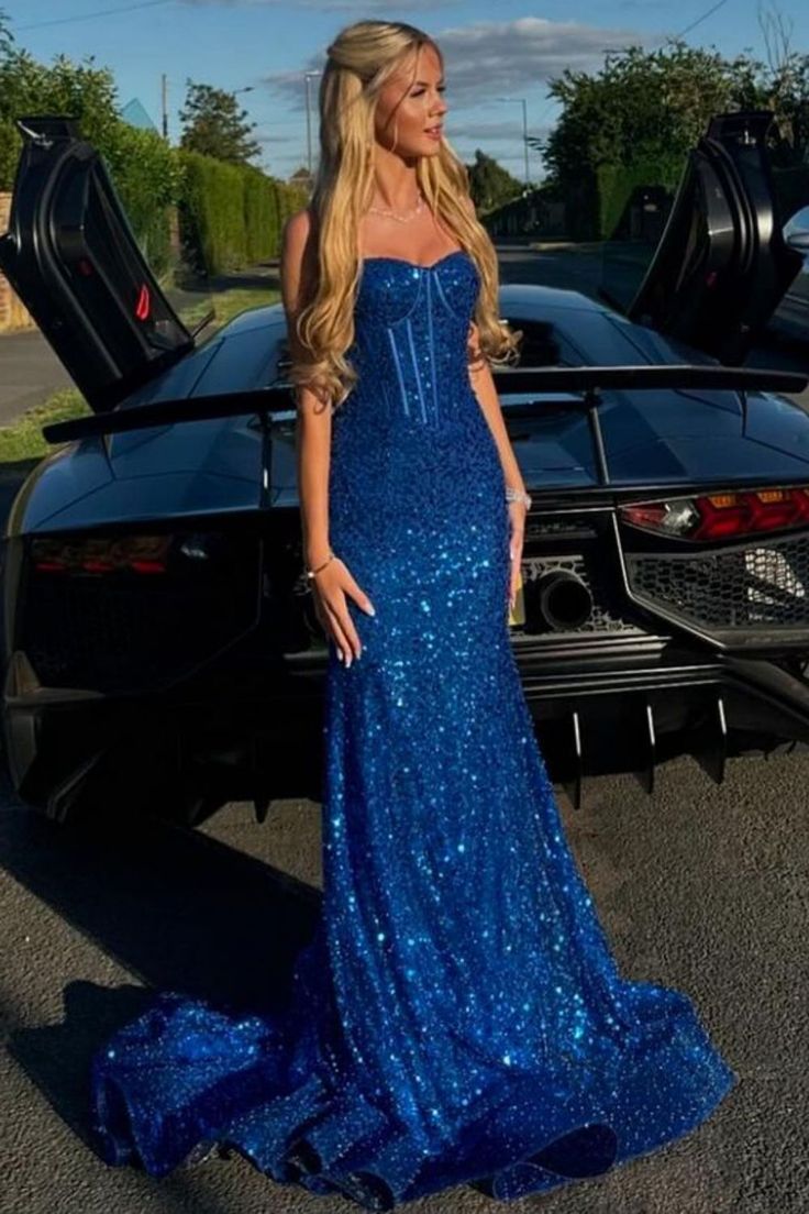 Shiny Royal Blue Mermaid Spaghetti Straps Long Beaded Prom Dress Party Gowns RB1671