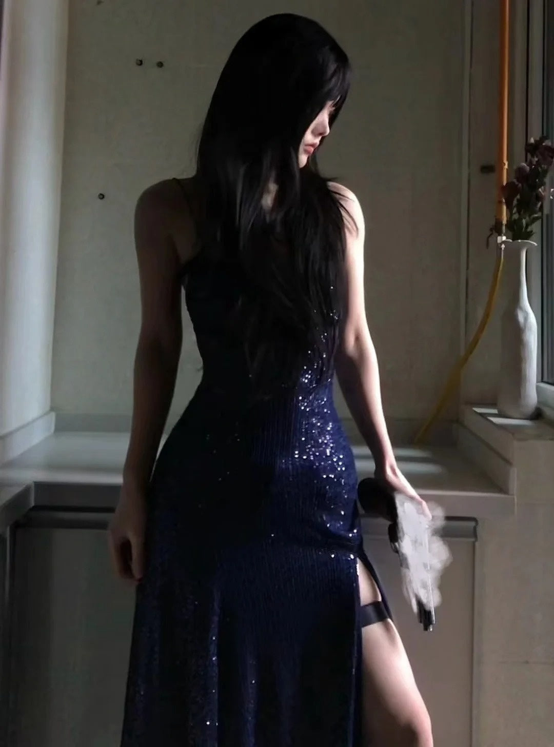 Sexy Navy Blue V-neck Lace-Up Mermaid Long Prom Dress with Slit Formal Dress AB1826