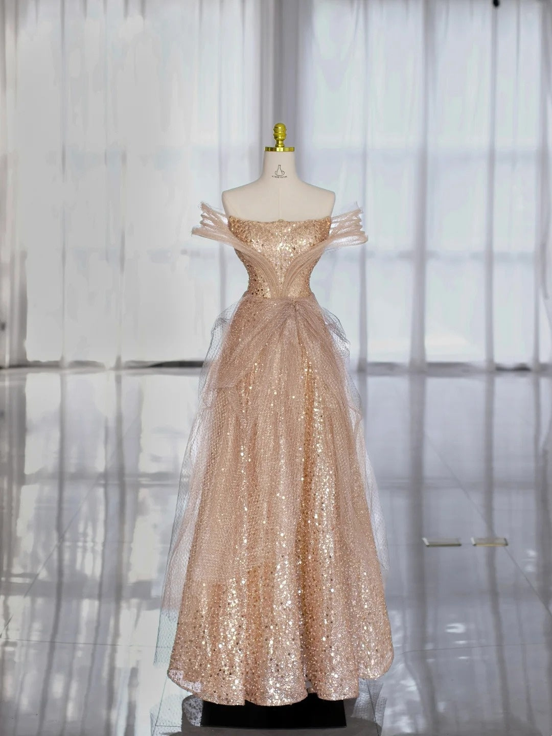 Glitter Prom Dresses A Line Strapless Gold Sequined With Ruffle Long Formal Gown N2943