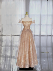 Glitter Prom Dresses A Line Strapless Gold Sequined With Ruffle Long Formal Gown N2943