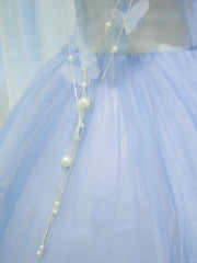 Pretty Prom Dresses Ball Gown Off The Shoulder Blue Tulle With Ruffle Long Formal Gown N2936