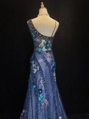 Vintage Prom Dresses Mermaid Straps Light Blue Lace With Flowers Long Evening Outfits N3440
