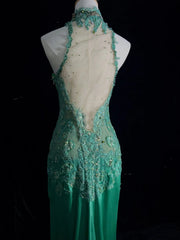 Vintage Prom Dresses 90s Mermaid High Neck Green Satin With Applique Slit Long Semi Formal Evening Outfits N3662