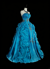 Vintage 1760s Ball Gown Strapless Blue Organza Sleeves Pleated Long Prom Dresses N1586
