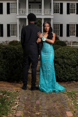 Sparkly Mermaid Spaghetti Straps Blue Sequin For Black Girls Women Long Formal Prom Evening Dress Dinner Outfits Party Gowns AB2097
