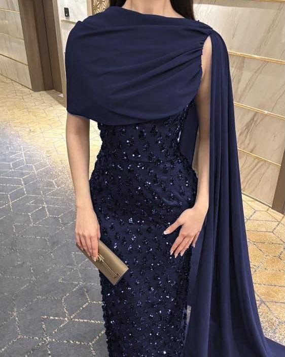 Elegant Sheath Navy Blue Sequins With Cape Long Formal Fancy Prom Evening Dress Dinner Outfits Classy Party Gowns AB2046