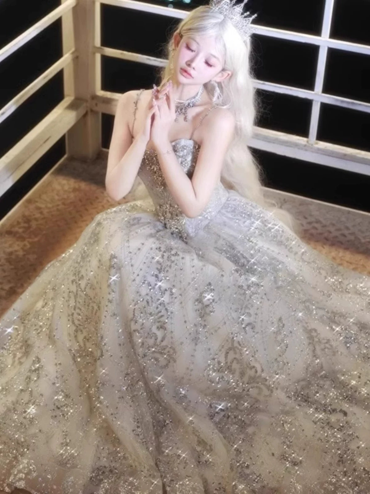 Glittery Ball Gown Spaghetti Straps Silver Gray Sequins Prom Dresses Inspiration Long Night Outfits 18th Birthday Outfits AB2228
