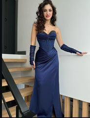 Modest Senior Prom Dresses High Schools Inspiration Mermaid Sweetheart Navy Blue Slit Semi Formal Grad Long Prom Dress For Teens AB2133