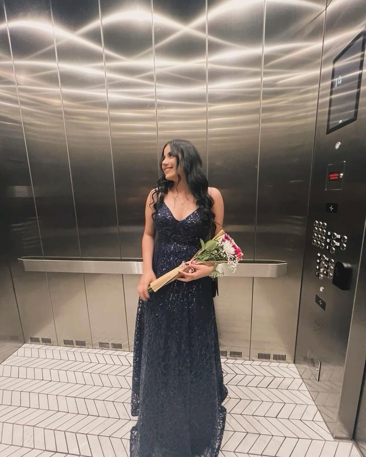 Modest A line V Neck Navy Blue Sequin Inspo Formal Party Gowns Long Prom Dresses AB1736