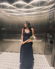 Modest A line V Neck Navy Blue Sequin Inspo Formal Party Gowns Long Prom Dresses AB1736