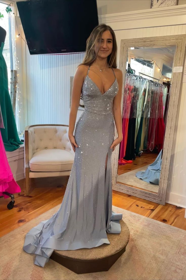Modest Mermaid Halter Silver Gray With Beadings Inspo Formal Party Gowns Long Prom Dresses AB1737