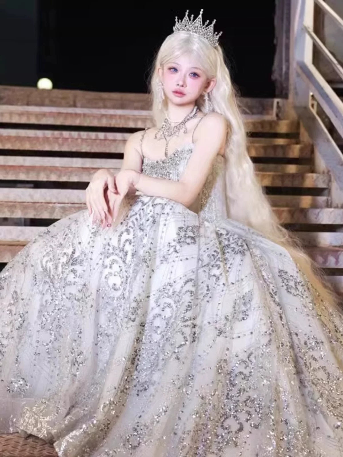 Glittery Ball Gown Spaghetti Straps Silver Gray Sequins Prom Dresses Inspiration Long Night Outfits 18th Birthday Outfits AB2228