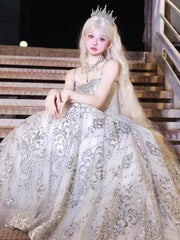 Glittery Ball Gown Spaghetti Straps Silver Gray Sequins Prom Dresses Inspiration Long Night Outfits 18th Birthday Outfits AB2228