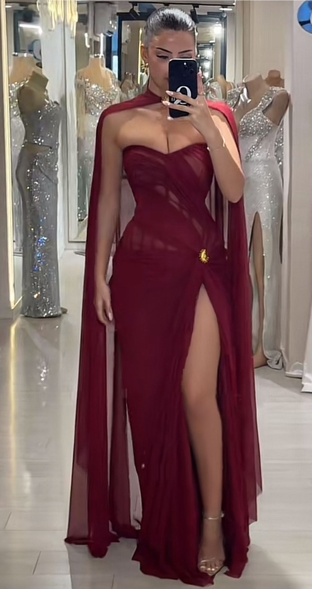 Women's Cocktail Party Gowns Sheath Sweetheart Burgundy With Cape Slit Pleated Long Graduation Dinner Outfit Prom Dresses AB1893