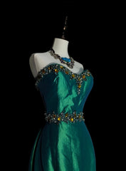 Vintage 1960s Mermaid Sweetheart Dark Green Satin Sleeveless Long Prom Formal Dresses N1596