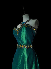 Vintage 1960s Mermaid Sweetheart Dark Green Satin Sleeveless Long Prom Formal Dresses N1596