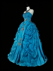 Vintage 1760s Ball Gown Strapless Blue Organza Sleeves Pleated Long Prom Dresses N1586