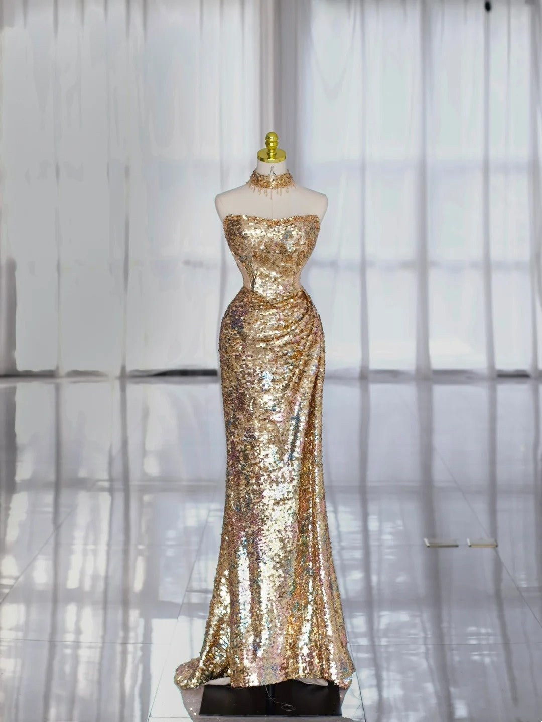 Chic Prom Dresses Mermaid Strapless Gold Sequined With Folded Long Formal Gown N2941