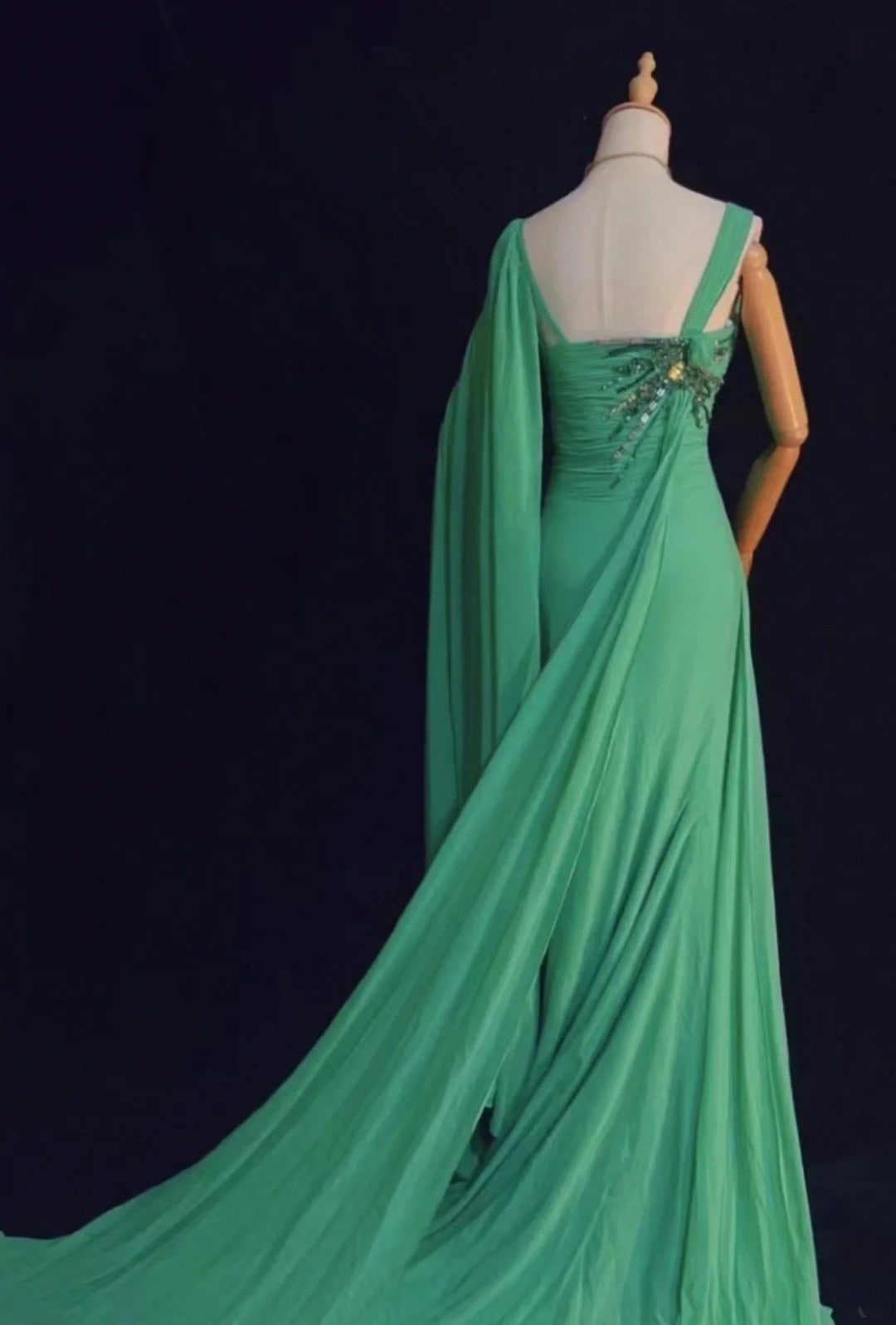 Elegant Mermaid One Shoulder Green Chiffon With Silver Beaded Bodice Formal Dress Long Prom Dresses N2726