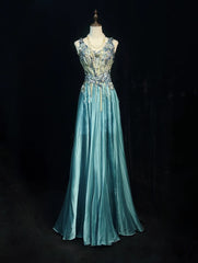 Vintage Classy Prom Dresses A Line Tiffany Blue V Neck Lace Satin With Beaded Evening Long Dress N3300