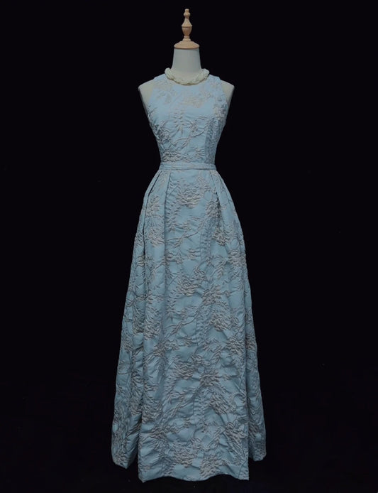 Vintage Prom Dresses Inspo A line Light Sky Blue Floral Satin For Women Long Formal Dress N3259