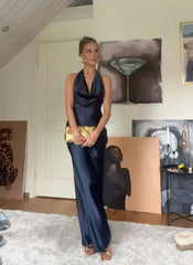 Chic Mermaid Halter Navy Blue Silky Satin Long Formal Fancy Prom Evening Dress Dinner Outfits Classy Party Gowns AB2038