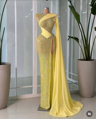 Modest Party Gowns Sleeveless Floor-Length Mermaid One Shoulder Slit Yellow Sequin Long Prom Dress AB1724